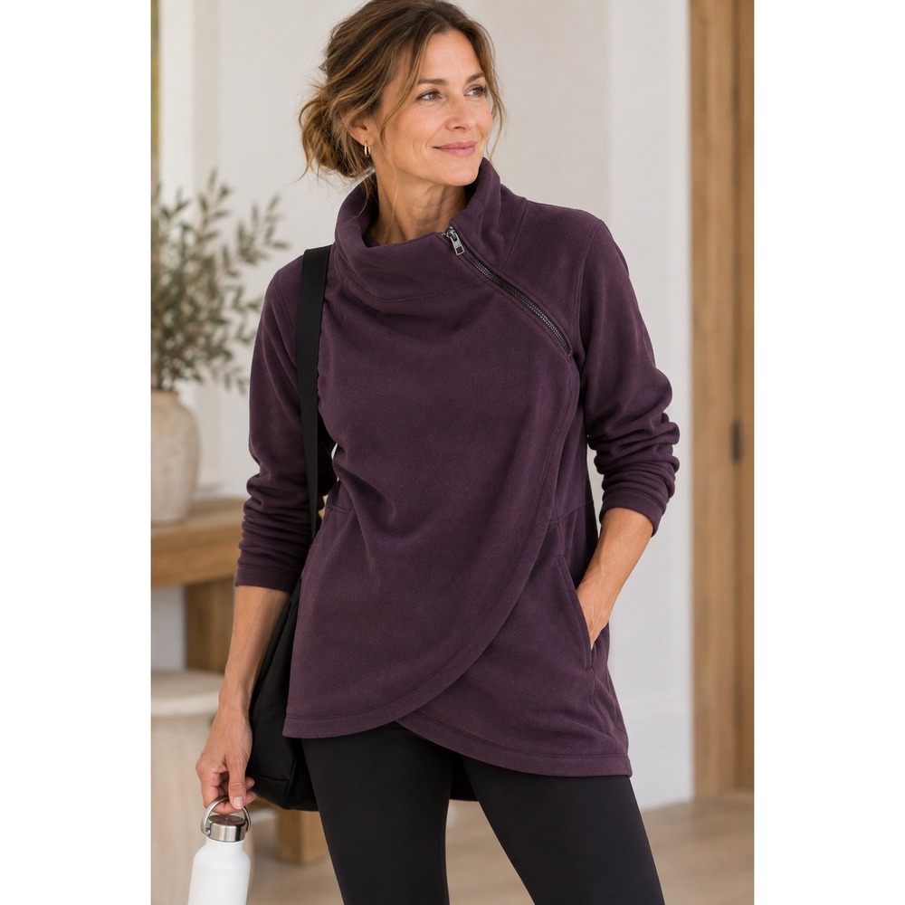 Athleta Cozy Karma Pullover Purple Asymmetrical Zip Fleece Jacket XL